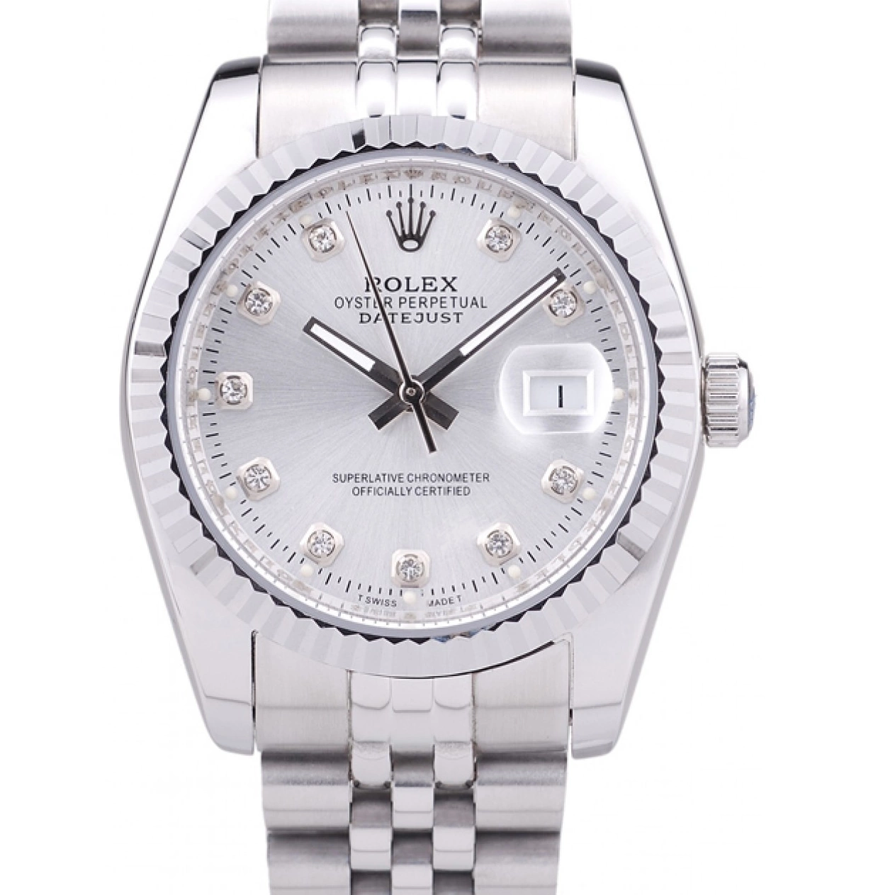 Aaa replica watch Datejust Ribbed Rolex 7455 Silver Diamonds Dial Bezel 0716